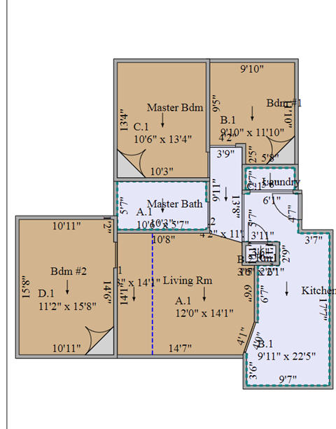 Floor plan for 3 beds, 1 bath, 975 sqft